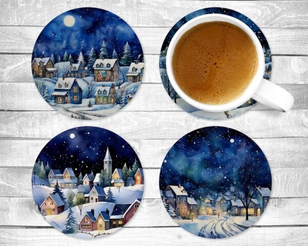 Snowy Night, Absorbent Drink Coasters, Individual or set of, Non-Slip Base, Neoprene, Winter, Season, Gift,
