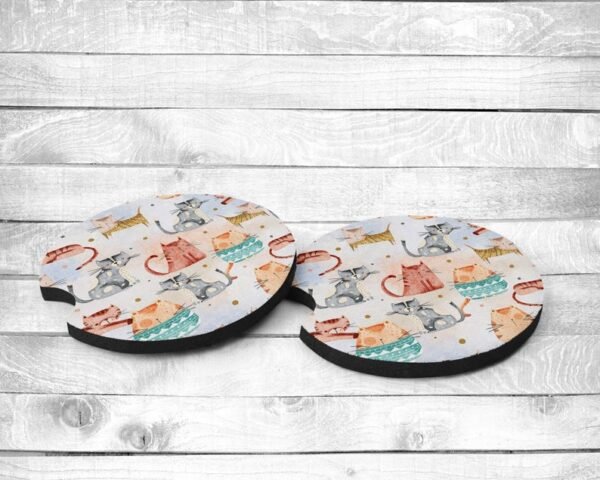 Cartoon Cats 2, Absorbent Car Coasters, Set of 2, Non-Slip Base, Neoprene, Gift, Everyday Use