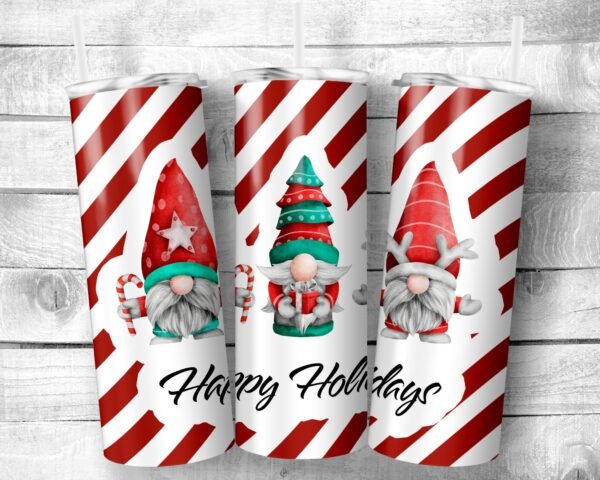 Happy Holidays Gnome, 20oz Skinny Straight Tumbler, Stainless Steel, Travel Cup, Holiday Themed, Christmas, Gift, Everyday Use