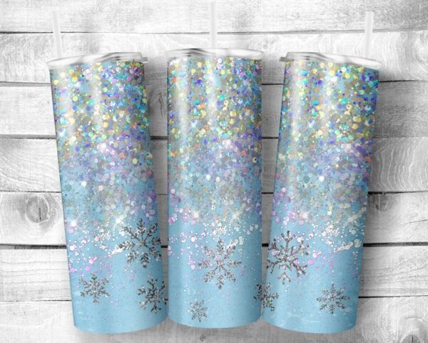 Faux Glitter Snowflakes, 20oz Skinny Straight Tumbler, Stainless Steel, Travel Cup, Gift, Holiday Themed