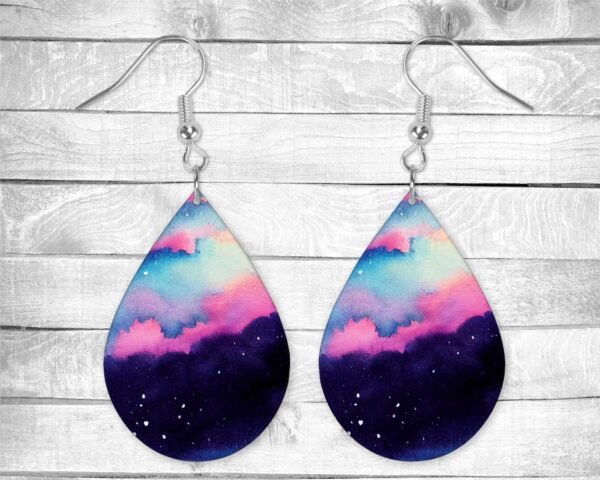 Watercolor Galaxy, Pierced Earrings, Permanent Design, Silver or Gold Hardware, Gift, Everyday Use