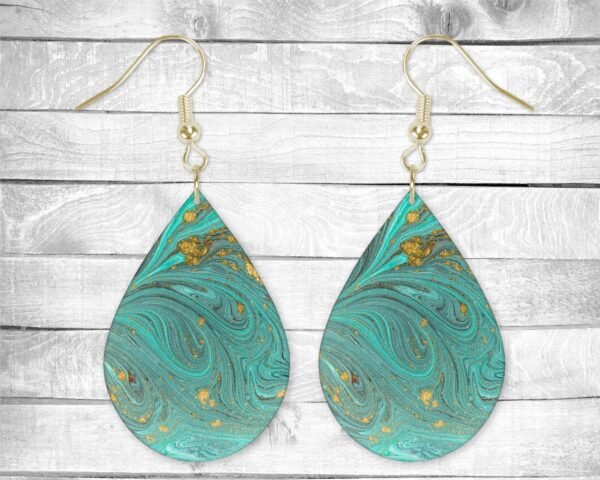 Teal Swirls, Pierced Earring, Permanent Design, Silver or Gold Hardware, Gift, Everyday Use