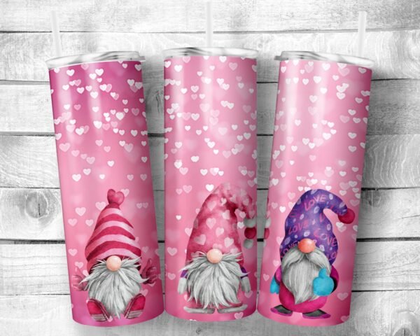 Valentine with hearts and Gnomes, 20oz Skinny Straight Tumbler, Stainless Steel, Travel Cup, Valentine's Day, Holiday, Gift, Everyday Use