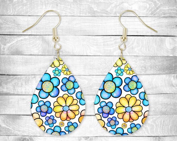 Blue and Yellow Cartoon Flowers, Pierced Earrings, Permanent Design, Silver or Gold Hardware, Gift, Everyday Use