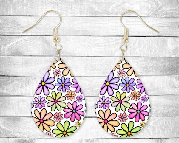 Colorful Cartoon Flowers, Pierced Earrings, Permanent Design, Silver or Gold Hardware, Gift, Everyday Use