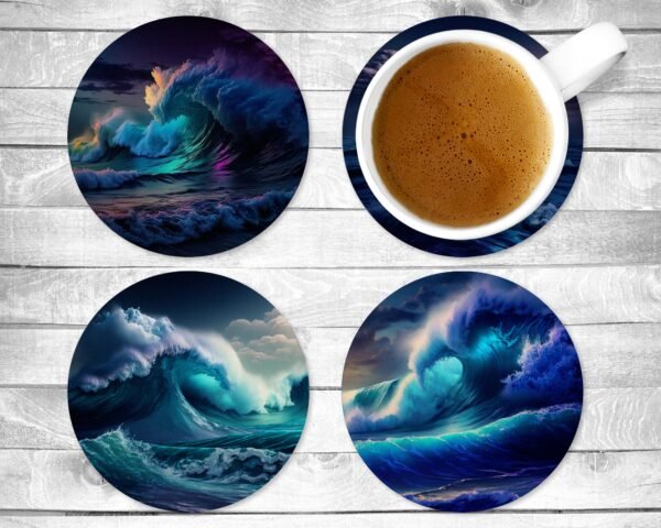 Stormy Waves, Absorbent Drink Coasters, Individual or set of 4, Non-Slip Base, Neoprene, Gift, Everyday Use