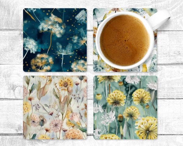 Dandelion, Absorbent Drink Coasters, Individual or set of 4, Non-Slip Base, Neoprene, Gift, Everyday Use