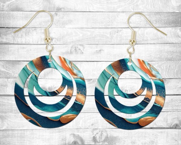 Copper and Blue Painted Styled, Pierced Earrings, Permanent Design, Silver or Gold Hardware, Gift, Everyday Use
