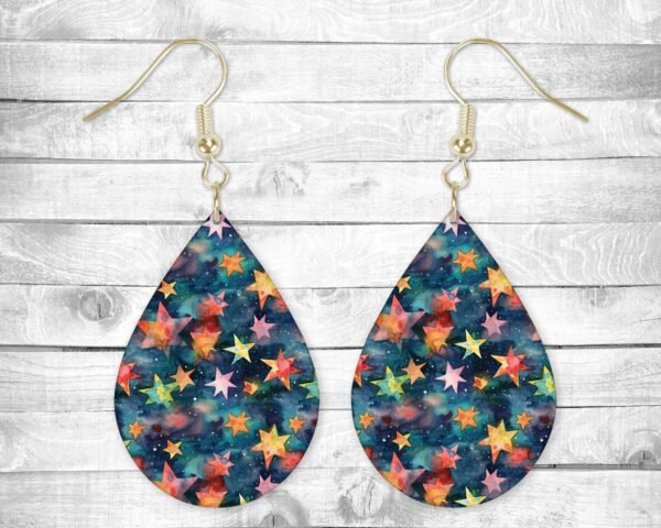 Colorful Stars, Pierced Earrings, Permanent Design, Silver or Gold Hardware, Gift, Everyday Use
