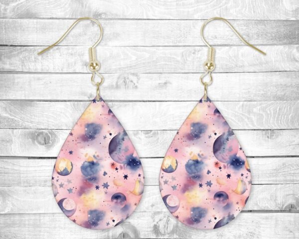 Pastel Moon and Stars, Pierced Earrings, Permanent Design, Silver or Gold Hardware, Gift, Everyday Use