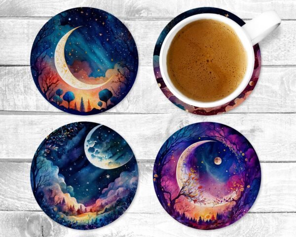 Mystical Moon, Absorbent Drink Coasters, Individual or set of 4, Non-Slip Base, Neoprene, Gift, Everyday Use