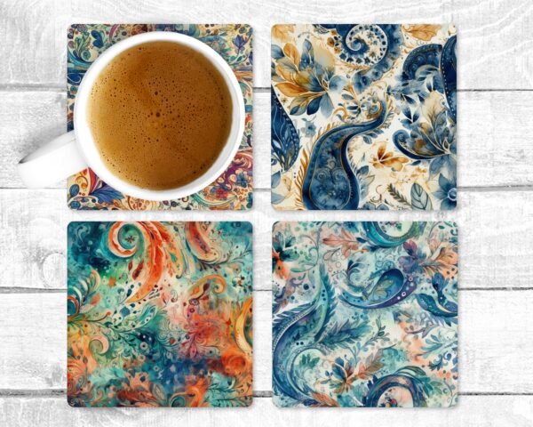 Soft Paisley, Absorbent Drink Coasters, Individual or set of 4, Non-Slip Base, Neoprene, Gift, Everyday Use