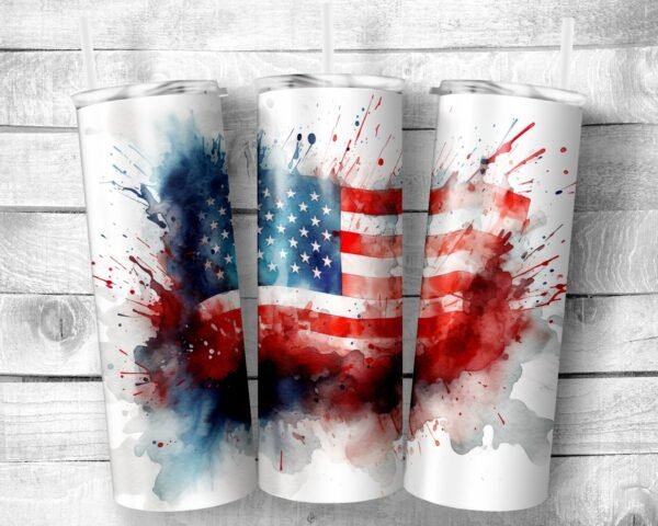 Watercolor Flag, 20oz Skinny Straight Tumbler, Stainless Steel, Travel Cup, Gift, Independence Day, 4th of July, Holiday, Everyday Use