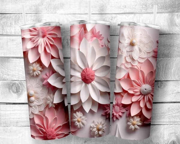 Pink Flowers, 20oz Skinny Straight Tumbler, 3D Design, Stainless Steel, Travel Cup, Gift, Everyday Use