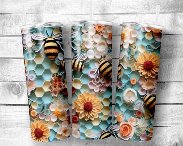 Summer Bees, 20oz Skinny Straight Tumbler, 3D Design, Stainless Steel, Travel Cup, Gift - Everyday Use