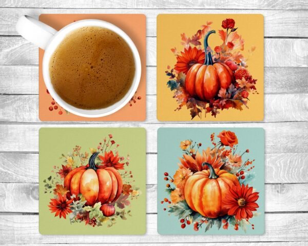 Holiday Pumpkins, Absorbent Drink Coasters, Individual or set of 4, Non-Slip Base, Neoprene, Autumn, Thanksgiving, Gift, Everyday Use