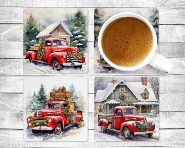 Red Winter Truck, Absorbent Drink Coasters, Individual or set of 4, Non-Slip Base, Neoprene, Winter, Christmas, Gift, Everyday Use