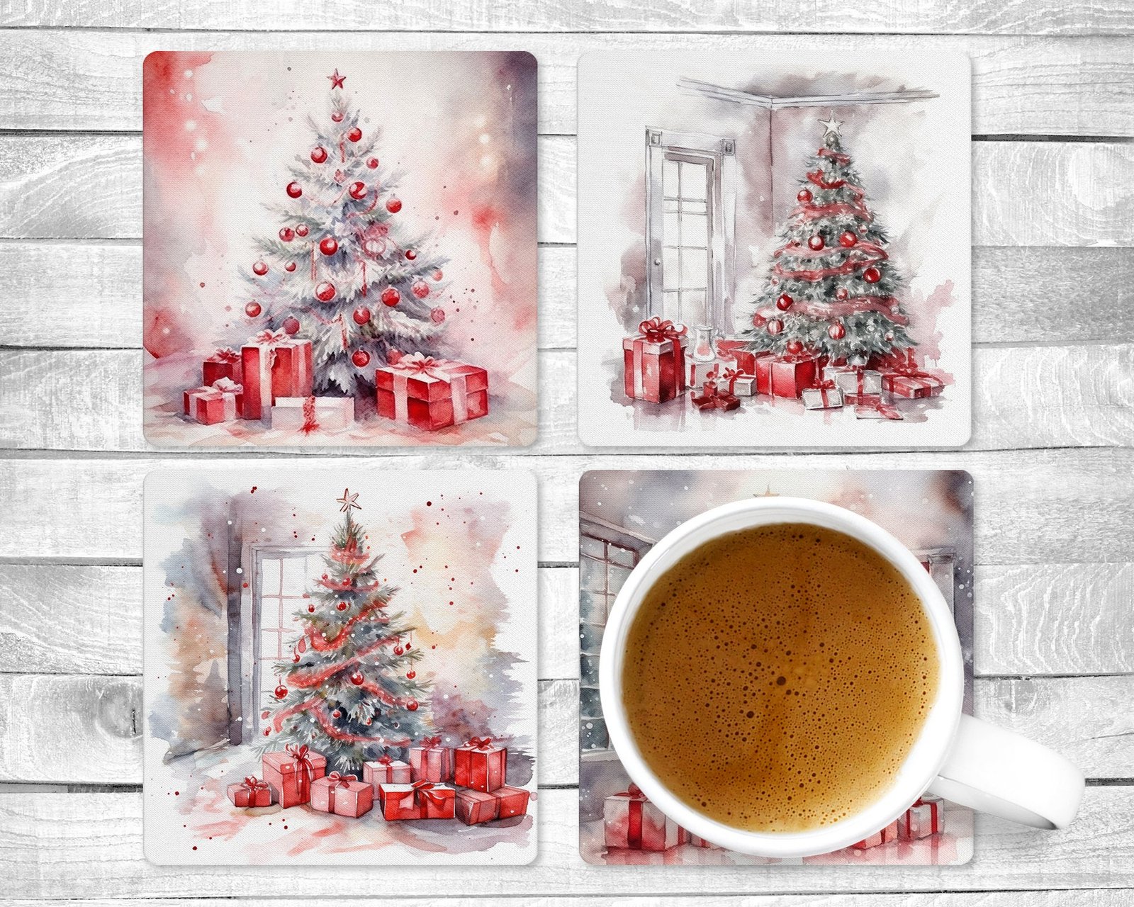 Christmas In Red Absorbent Drink Coasters - Individual or Set of 4 Neoprene