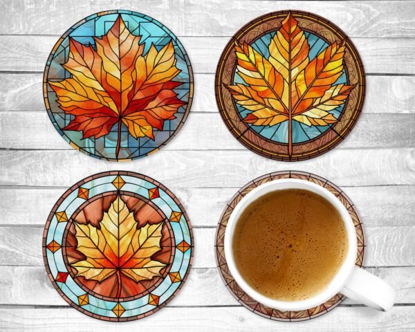Stained Glass Style Leaves, Absorbent Drink Coasters, Individual or set of 4, Non-Slip Base, Neoprene, Autumn, Fall, Gift, Everyday Use