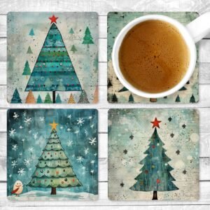 Whimsy Christmas, Absorbent Drink Coasters, Individual or set of 4, Non-Slip Base, Neoprene, Gift, Everyday Use