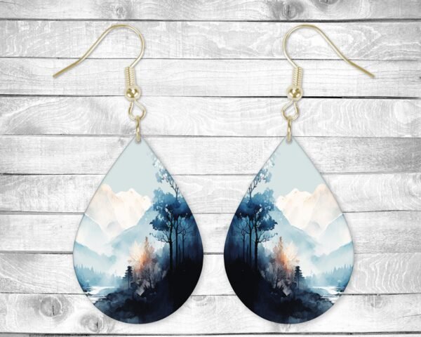 Mountain Forest, Pierced Earrings, Permanent Design, Silver or Gold Hardware, Gift, Everyday Use