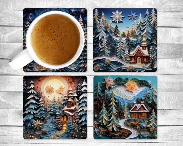 Blue Winter, Absorbent Drink Coasters, Individual or set of 4, Non-Slip Base, Neoprene, Gift, Everyday Use