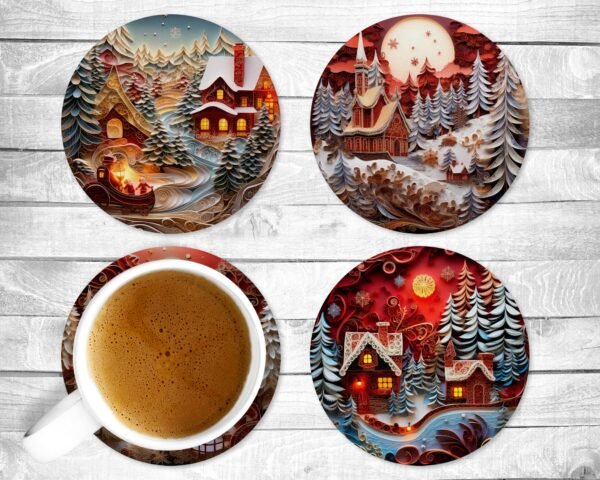 Red Winter, Absorbent Drink Coasters, Individual or set of 4, Holiday Themed, Non-Slip Base, Neoprene, Gift, Everyday Use