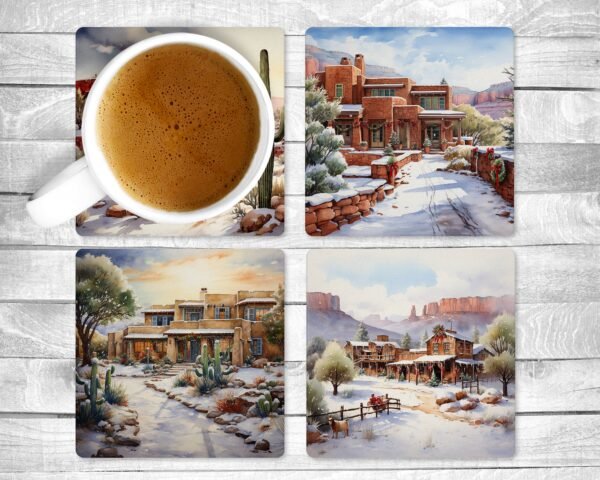 Southwest Christmas, Absorbent Drink Coasters, Individual or set of 4, Non-Slip Base, Neoprene, Gift, Everyday Use