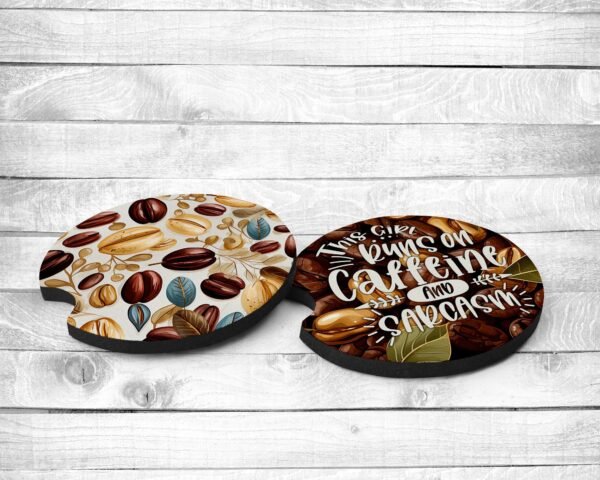 Caffine and Sarcasm, Absorbent Car Coasters, Set of 2, Non-Slip Base, Neoprene, Gift, Everyday Use