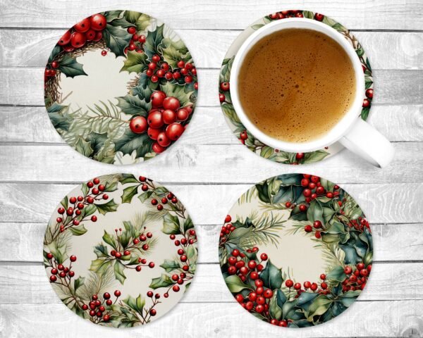 Holly, Absorbent Drink Coasters, Individual or set, Non-Slip Base, Neoprene, Gift, Everyday Use