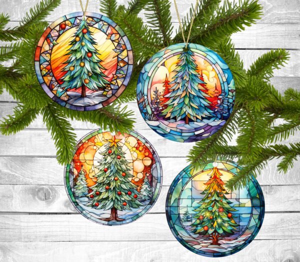 Bright Christmas Trees, Christmas Ornaments, Set of 4, Permanent Design, Holiday Gift, Holiday Themed, Christmas