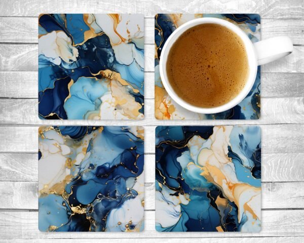 Abstract Blue and Gold, Absorbent Drink Coasters, Individual or set of 4, Non-Slip Base, Neoprene, Gift, Everyday Use