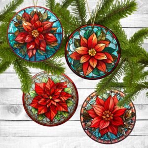 Poinsettia, Christmas Ornaments, Set of 4, Permanent Design, Holiday Gift