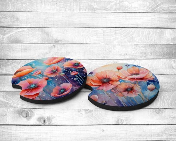 Mystical Poppies, Absorbent Car Coasters, Set of 2, Non-Slip Base, Neoprene, Gift, Everyday Use