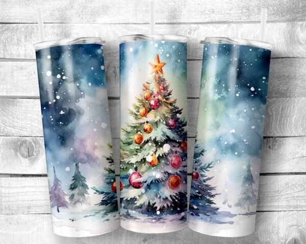Snowy Tree, 20oz Skinny Straight Tumbler, Stainless Steel, Travel Cup, Holiday Themed, Christmas, Winter, Gift, Everyday Use