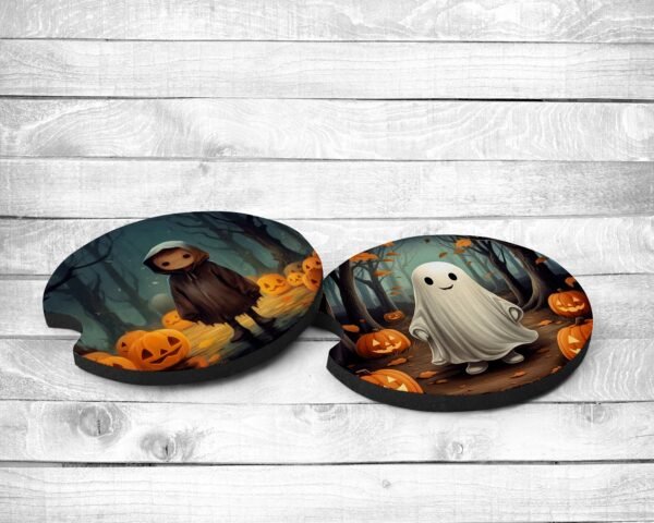 Halloween Night, Absorbent Car Coasters, Set of 2, Non-Slip Base, Neoprene, Holiday Themed, Gift, Everyday Use