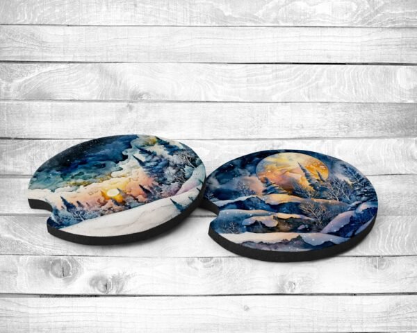 Cold Night, Absorbent Car Coasters, Set of 2, Non-Slip Base, Neoprene, Gift, Everyday Use