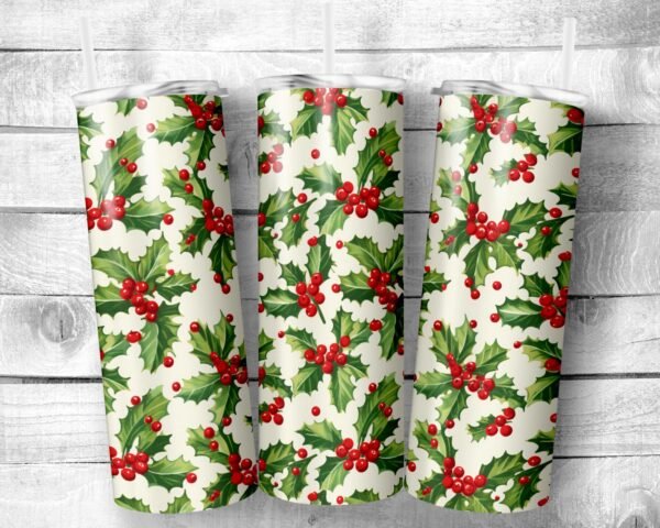 Christmas Holly, 20oz Skinny Straight Tumbler, Stainless Steel, Travel Cup, Gift, Everyday Use