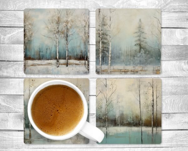 Winter Forest, Absorbent Drink Coasters, Individual or set of 4, Non-Slip Base, Neoprene, Gift, Everyday Use