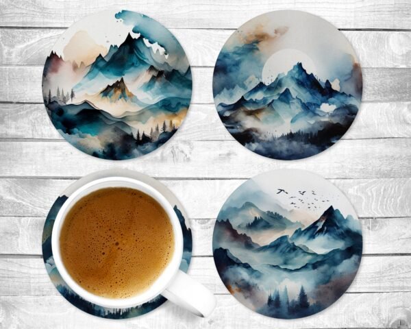 Blue Mountains 2, Absorbent Drink Coasters, Individual or set of 4, Non-Slip Base, Neoprene, Gift, Everyday Use