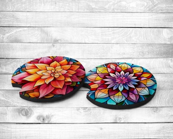 Mandela Flowers, Absorbent Car Coasters, Set of 2, Non-Slip Base, Neoprene, Gift, Everyday Use
