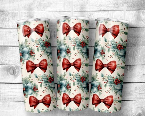 Christmas Bows, 20oz Skinny Straight Tumbler, Christmas, Holiday Theemed, Stainless Stee, Travel Cup, Gift, Everyday Use