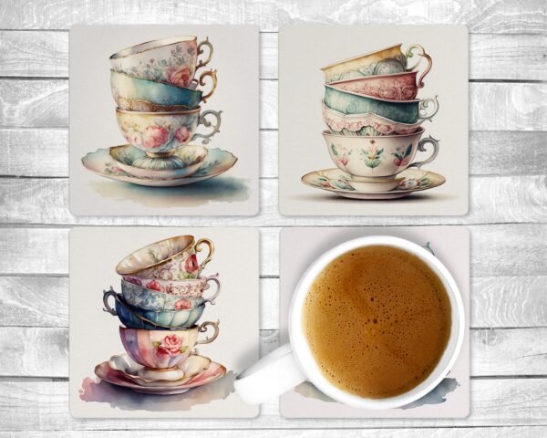 Tea Cups, Absorbent Drink Coasters, Individual or set of 4, Non-Slip Base, Neoprene, Gift, Everyday Use