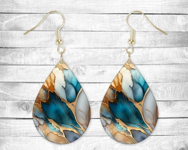 Abstract Teal and Gold, Pierced Earrings, Permanent Design, Silver or Gold Hardware, Gift, Everyday Use
