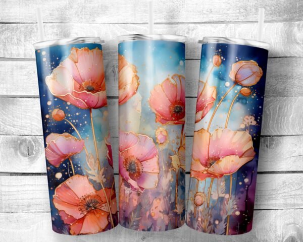 Gold Lined Poppies, 20oz Skinny Straight Tumbler, Stainless Steel, Travel Cup, Gift, Everyday Use
